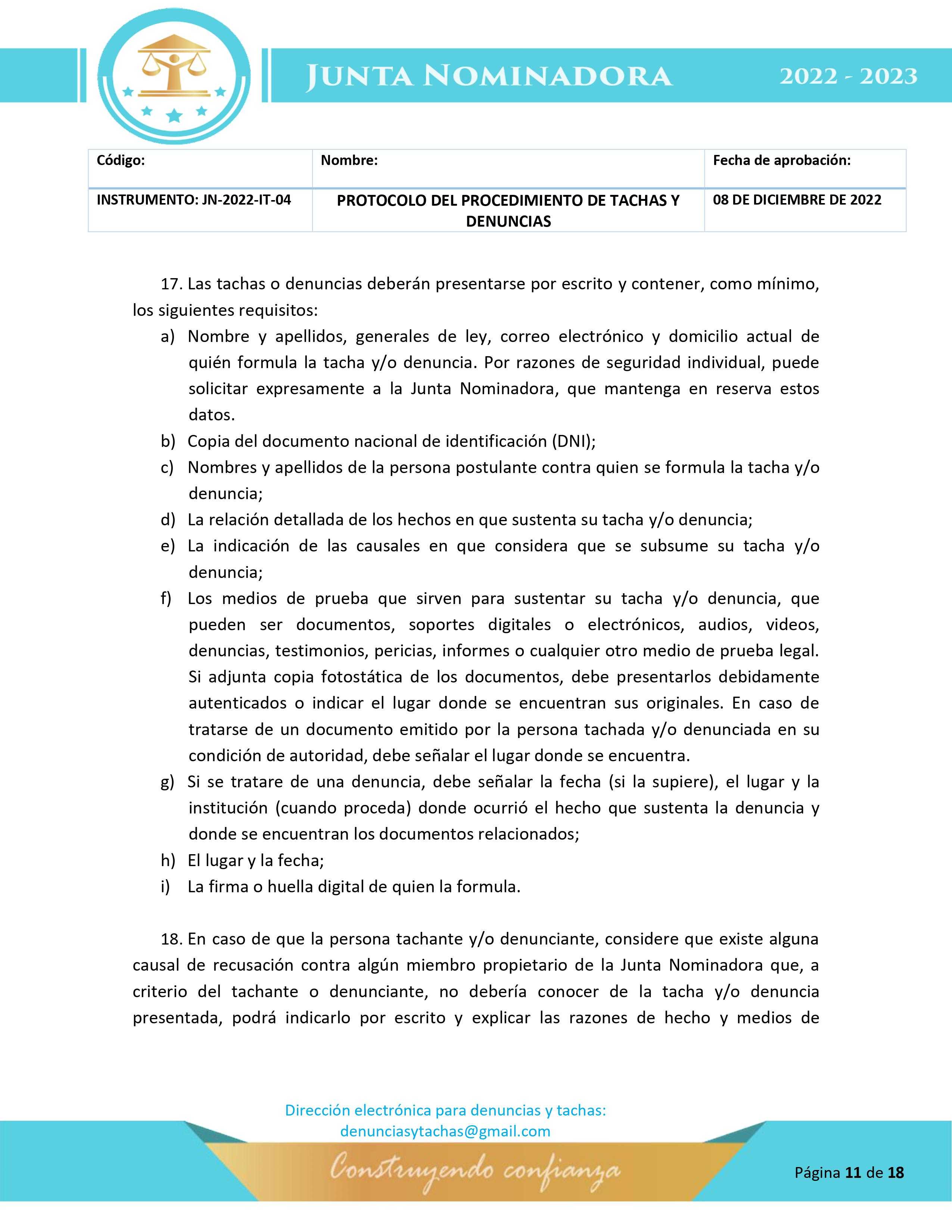 Protocolo para la etapa de tachas y denuncias